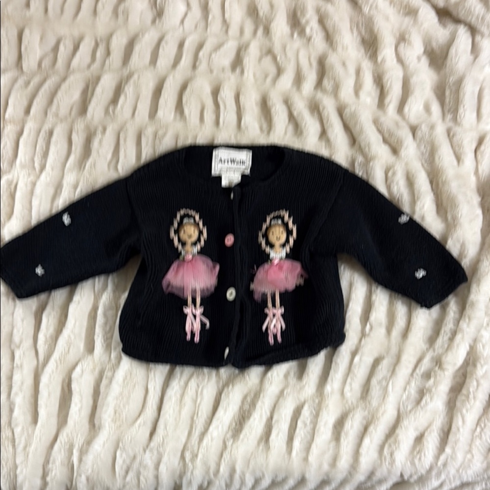 Art walk Black Baby Cardigan with Pink Ballerina Appliqués